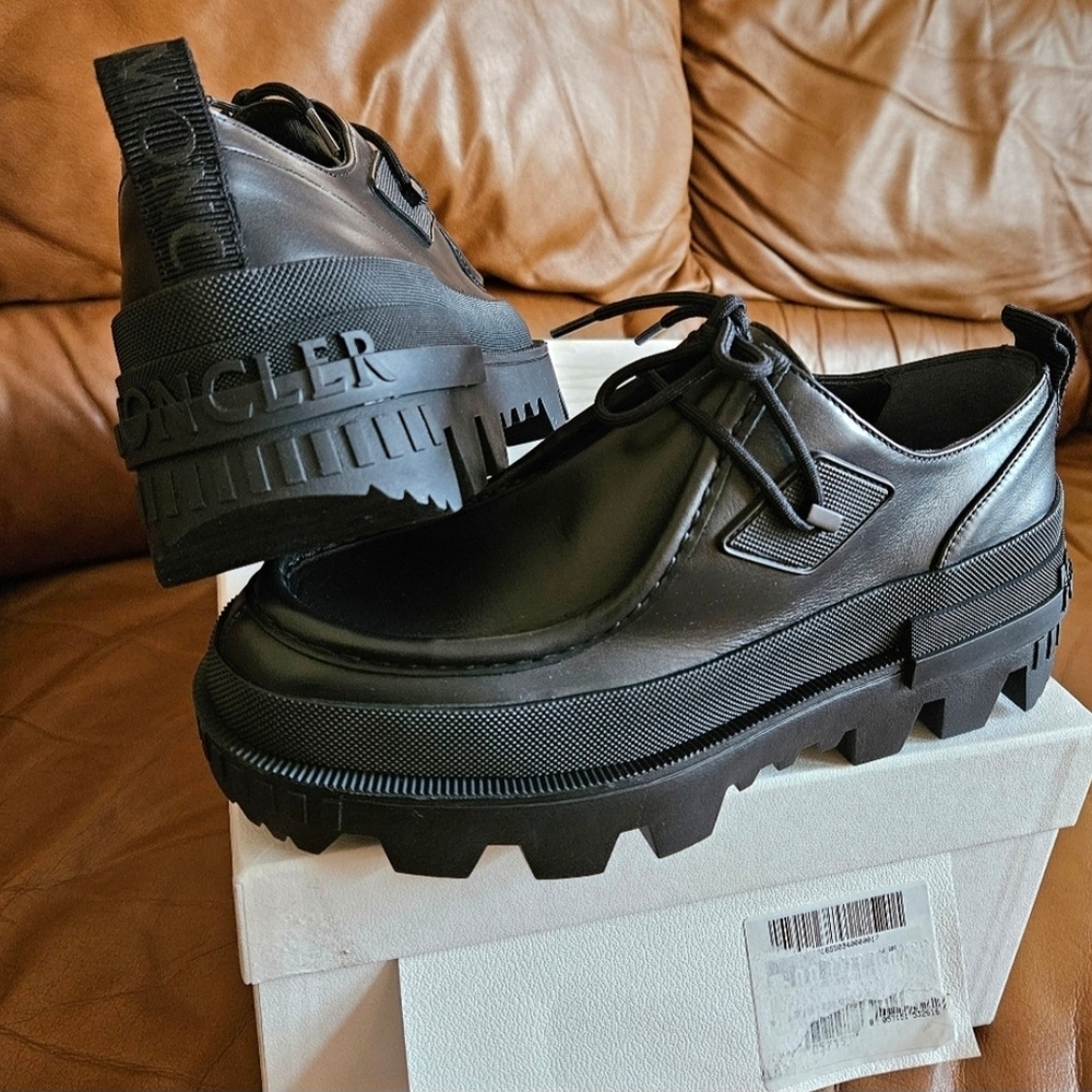 New Women's Moncler Maxence Chunky Luxury Black Leather Casual Shoes Size 7 US